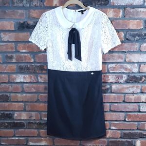 Vintage ELAND Tie Neck Lace Dress Peter Pan Collar Mod Retro